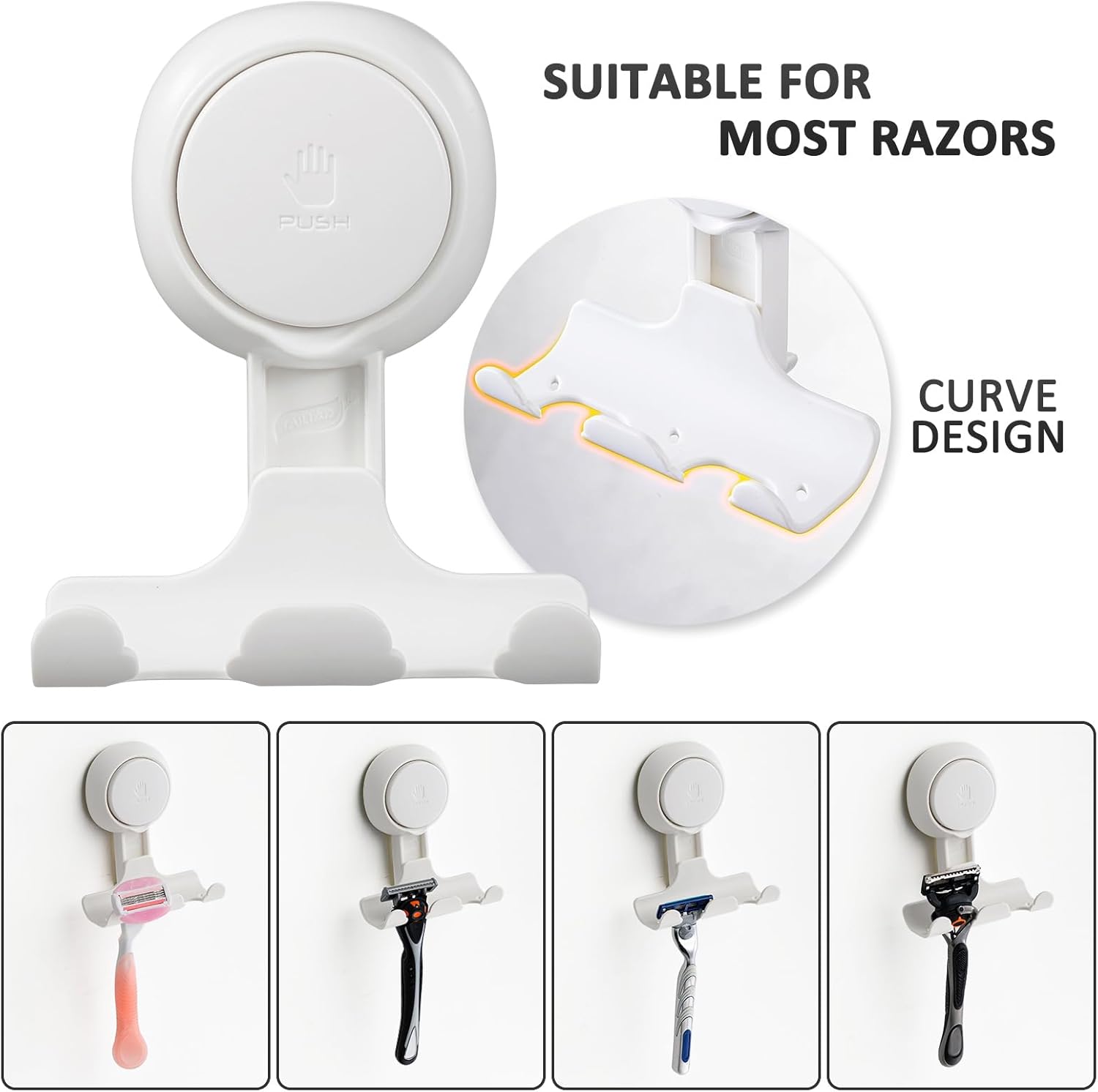 LEVERLOC Razor Holder for Shower 2 Pack. Powerful Suction Cup Shower Hooks for Towel. Loofah. Razor. Squeegee. Damage-Free Wall Hooks. Shaver Holder for Bathroom. Easy to Install and Reuse. White - Image 6