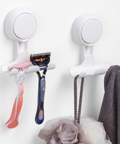 LEVERLOC Razor Holder for Shower 2 Pack. Powerful Suction Cup Shower Hooks for Towel. Loofah. Razor. Squeegee. Damage-Free Wall Hooks. Shaver Holder for Bathroom. Easy to Install and Reuse. White