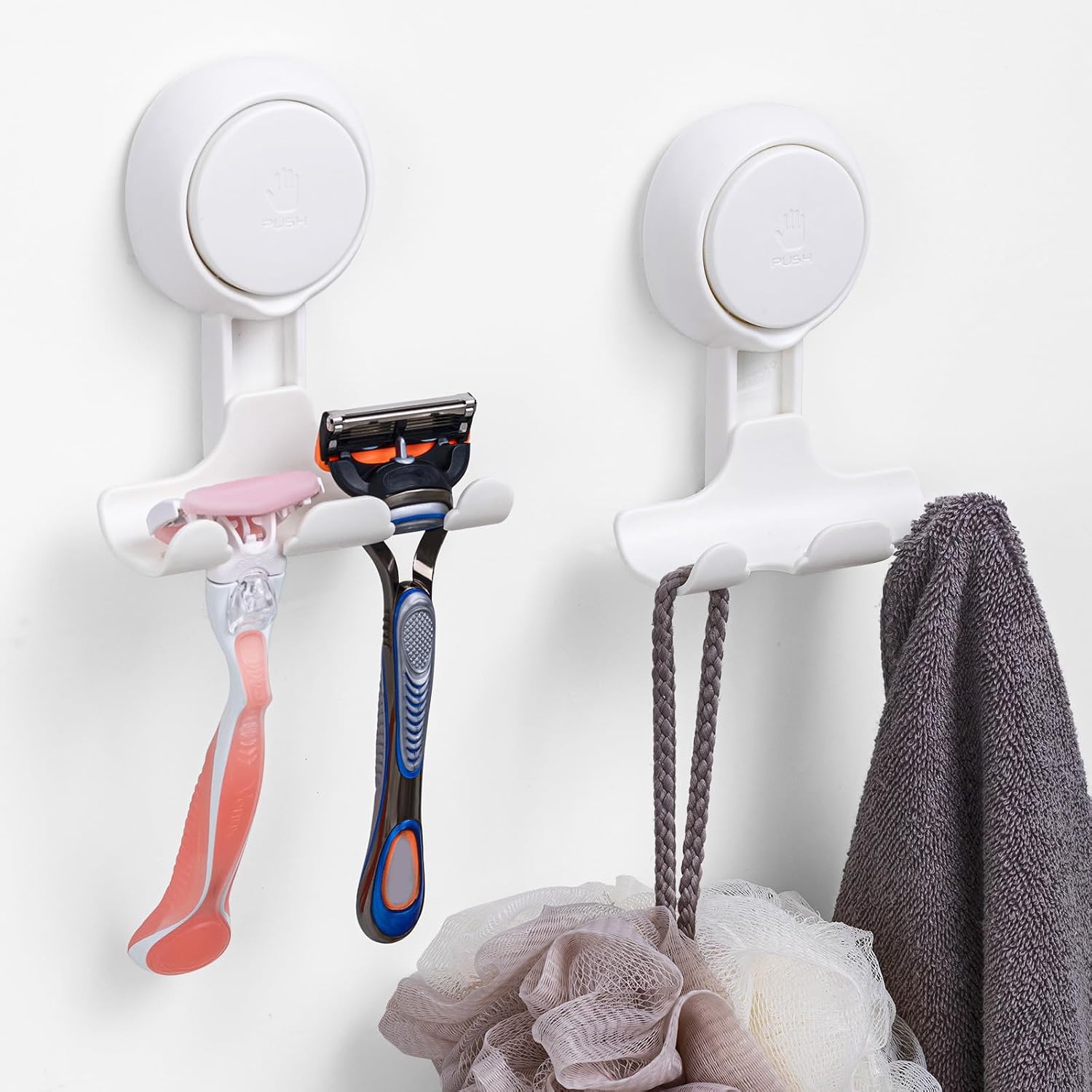 LEVERLOC Razor Holder for Shower 2 Pack. Powerful Suction Cup Shower Hooks for Towel. Loofah. Razor. Squeegee. Damage-Free Wall Hooks. Shaver Holder for Bathroom. Easy to Install and Reuse. White