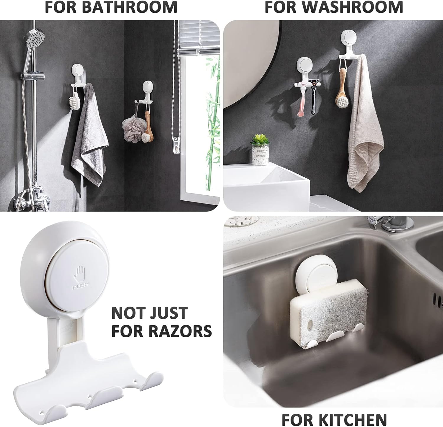 LEVERLOC Razor Holder for Shower 2 Pack. Powerful Suction Cup Shower Hooks for Towel. Loofah. Razor. Squeegee. Damage-Free Wall Hooks. Shaver Holder for Bathroom. Easy to Install and Reuse. White - Image 5