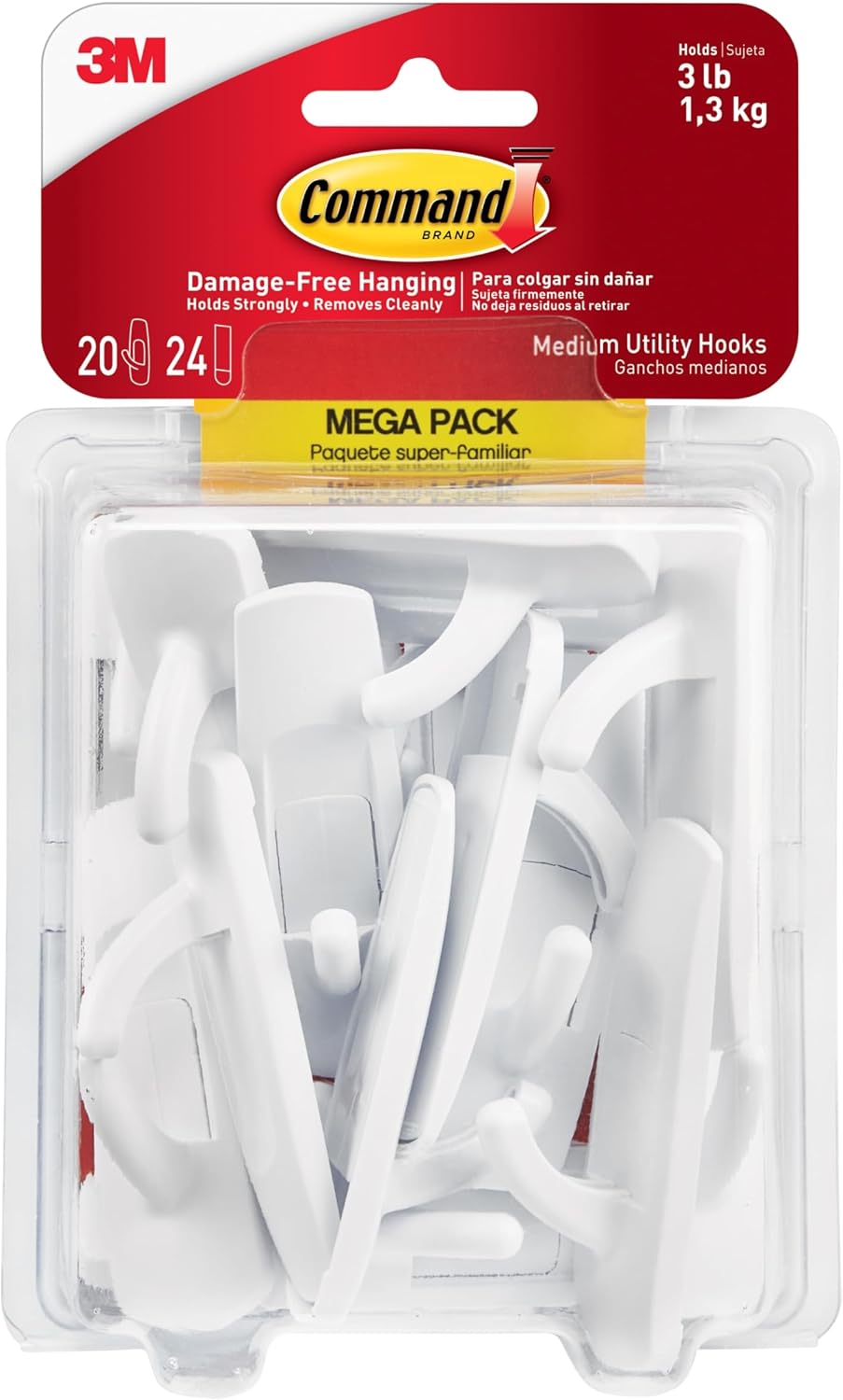 Command Medium Utility Hooks. 20 Hooks and 24 Strips. Damage-Free Hanging Wall Hook with Adhesive Strips. No Tools Great for Hanging Back to School Dorm Organizers. Holds up to 3 lb