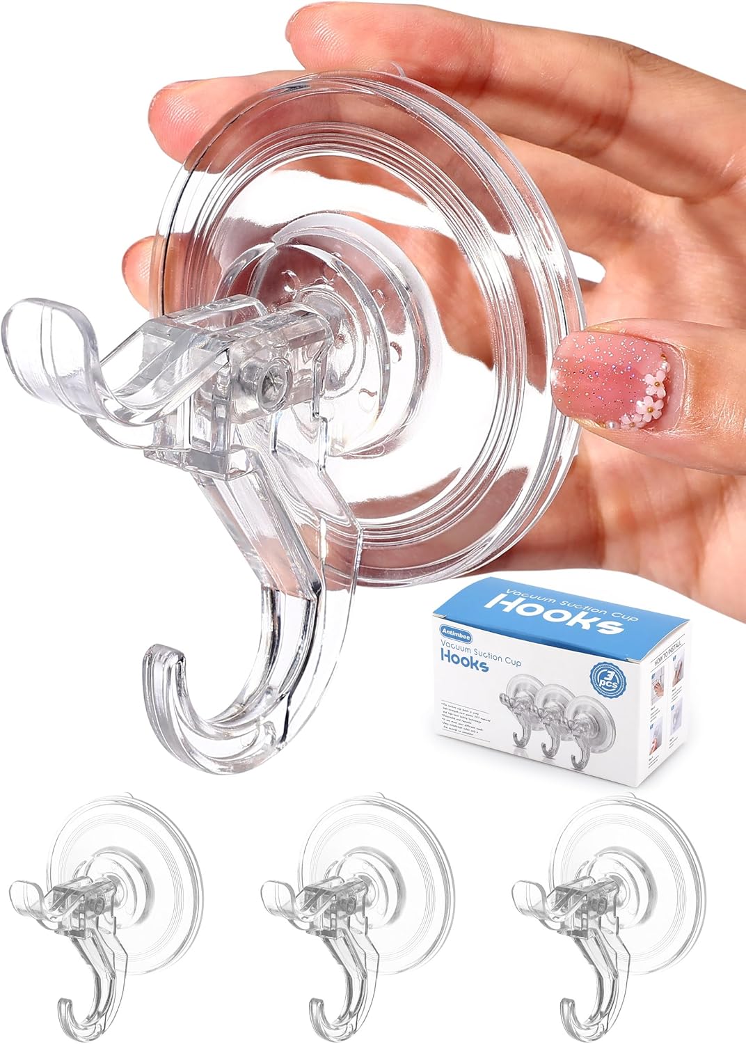 Antimbee 3 Pack Suction Cup Hooks. Clear Suction Cup Hanger. Removable Small Suction Cups for Shower. Bathroom. Glass. Door. Windows. Kitchen-Max Hanging up to 11 lbs on Smooth Surface