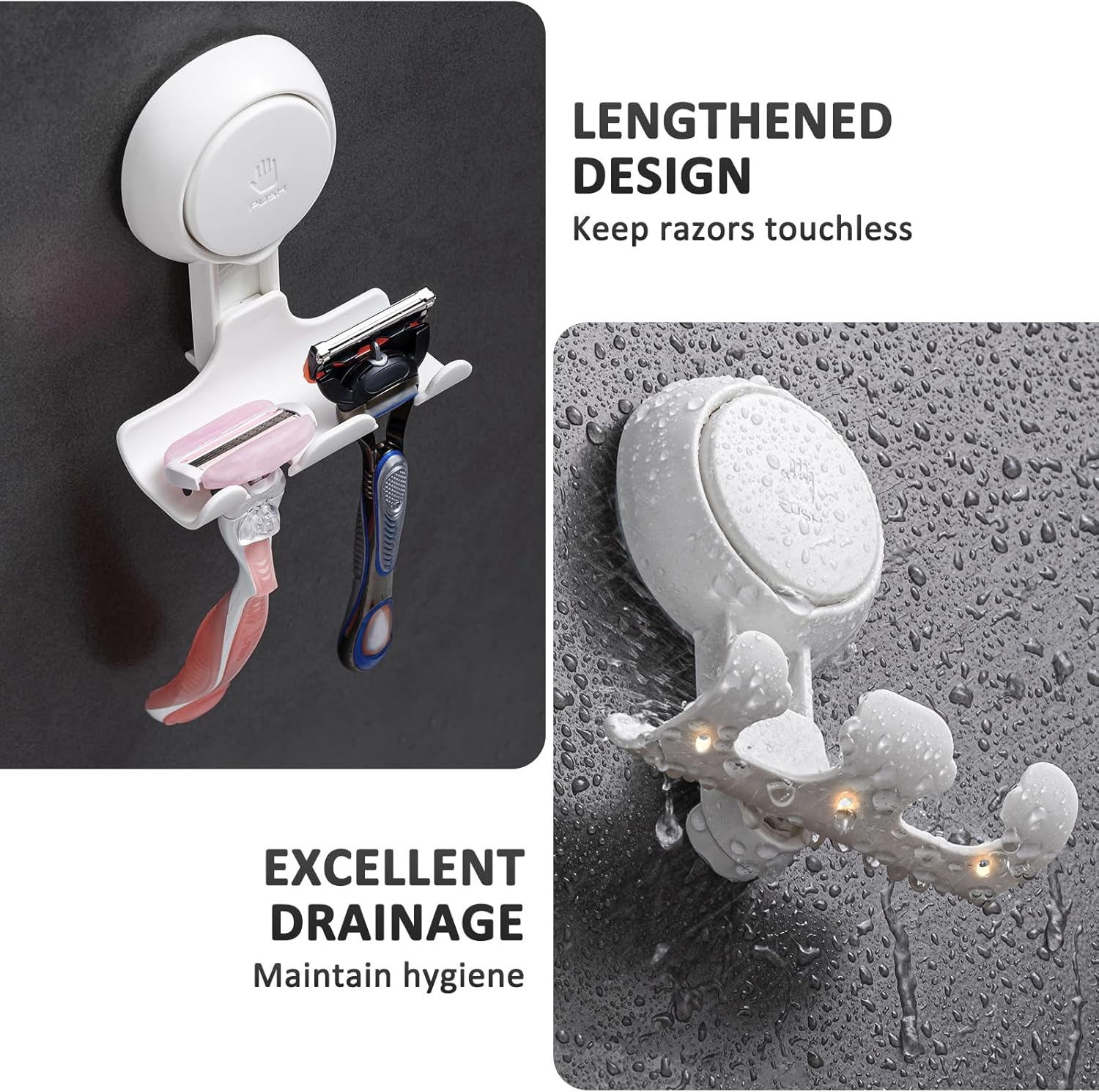 LEVERLOC Razor Holder for Shower 2 Pack. Powerful Suction Cup Shower Hooks for Towel. Loofah. Razor. Squeegee. Damage-Free Wall Hooks. Shaver Holder for Bathroom. Easy to Install and Reuse. White - Image 4
